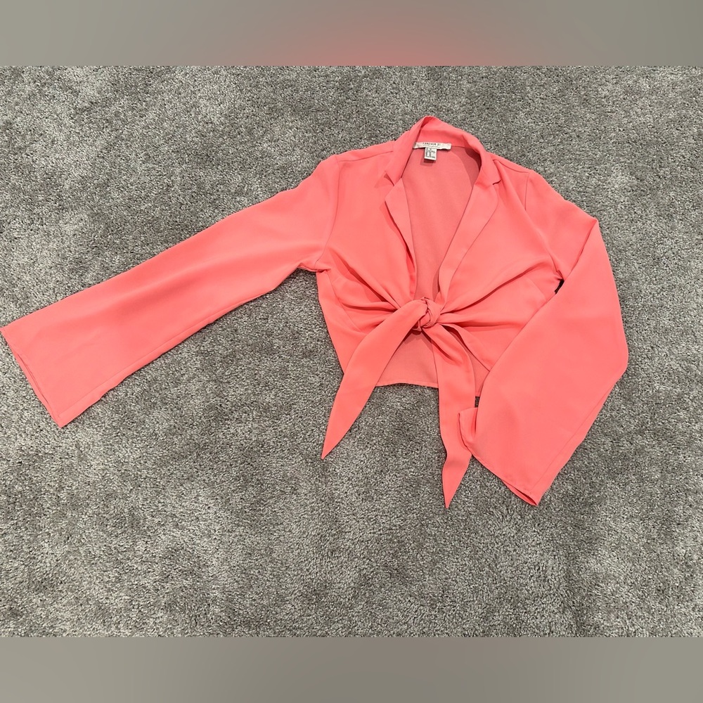 forever 21 contemporary, xs tie top with bell sleeves, neon pink, flowy material